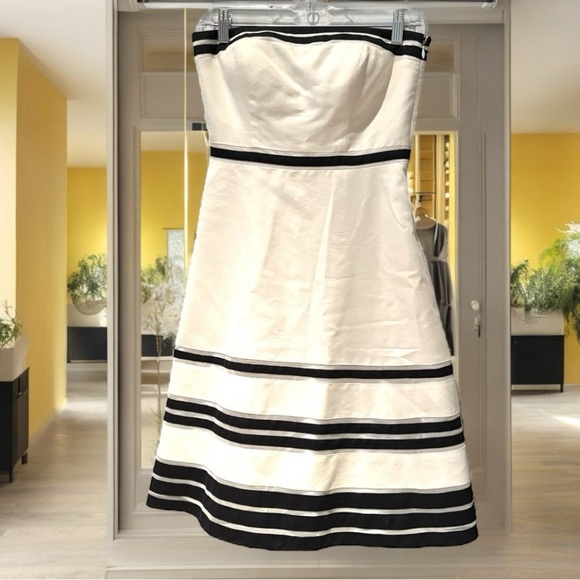 New Ann Taylor Strapless Striped Fit Flare Midi Dress Black White Piping 2P NWT - Picture 2 of 15